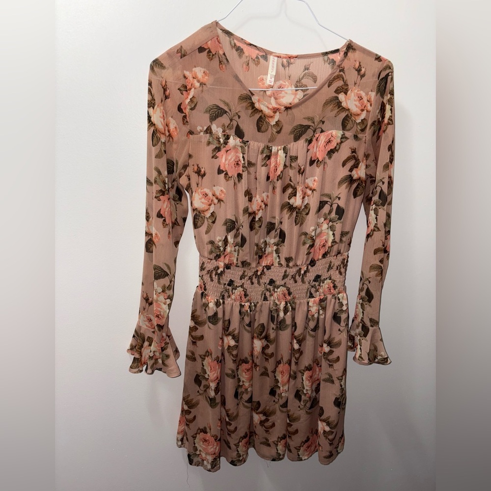 Neutral Floral Long Sleeve Dress